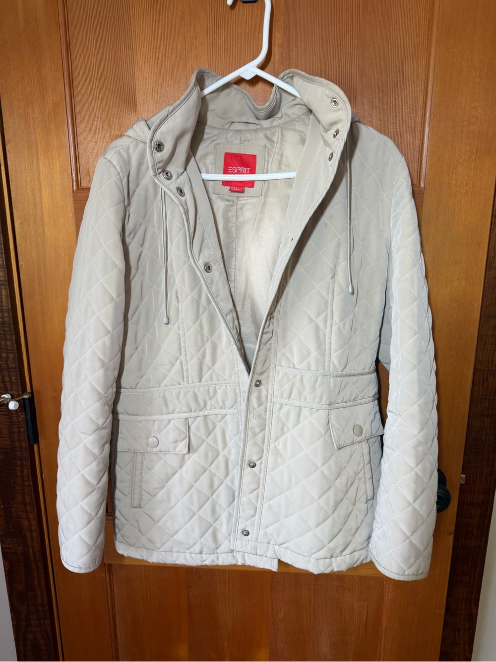 Esprit Light Beige Quilted Hooded Mid-Length Jacket